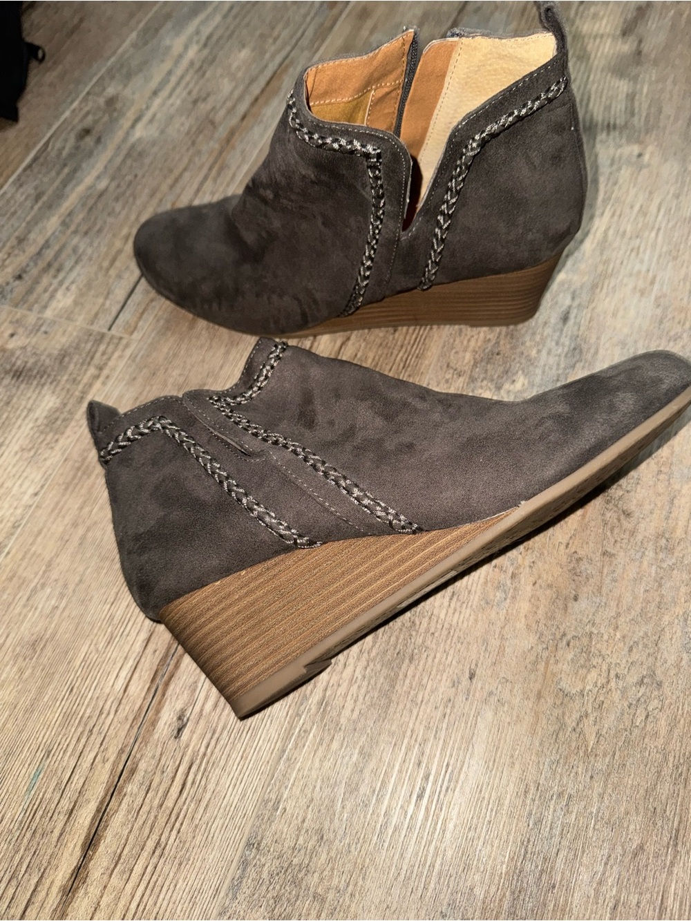 Women's Dark Gray Suede Wedge Ankle Booties with Braided Trim